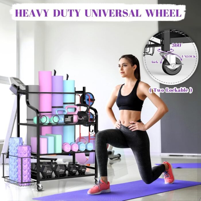 Mythinglogic Yoga Mat Storage Racks,Home Gym Storage Rack for Dumbbells Kettlebells Foam Roller, Yoga Strap and Resistance Bands, Workout Equipment Storage Organizer With Hooks and Wheels - Image 8