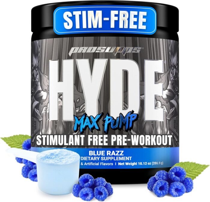 PROSUPPS Mr. Hyde Max Pump Pre Workout Powder - Stim-Free Preworkout Supports Blood Flow, Muscle Volume & Endurance - Caffeine-Free Nitric Oxide Gym & Fitness Supplements (Blue Razz, 20 Servings) - Image 2