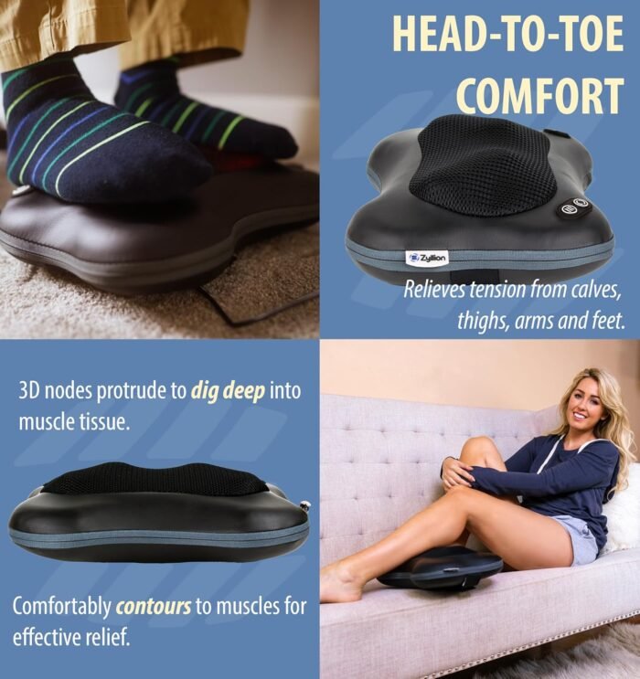 Zyllion Shiatsu Back and Neck Massager with Heat (FSA HSA Eligible) 3D Kneading 2-Speed Electric Deep Tissue Massage Pillow for Muscle Pain Relief, Arthritis, Sciatica on Shoulder, Leg, Foot ZMA-34 - Image 8