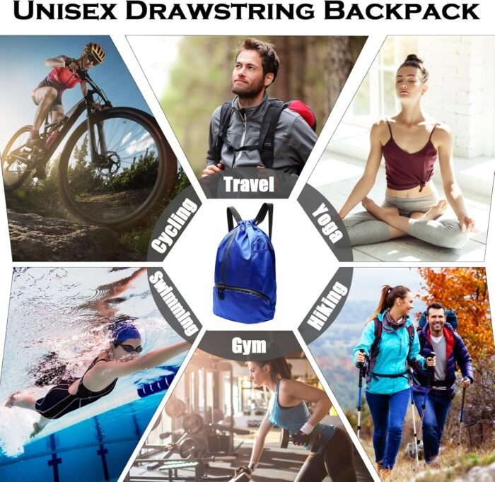 Sports Drawstring Backpack, Gym Bag with Water Bottle Holder Pockets, Shoe Compartment, Waterproof Pocket, Drawstring Bag for Women Men - Image 8
