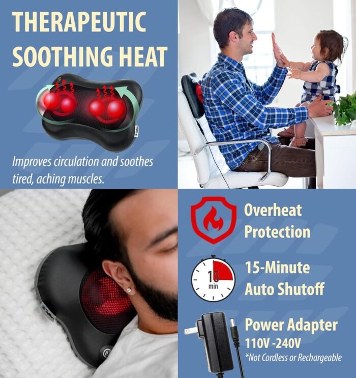 Zyllion Shiatsu Back and Neck Massager with Heat (FSA HSA Eligible) 3D Kneading 2-Speed Electric Deep Tissue Massage Pillow for Muscle Pain Relief, Arthritis, Sciatica on Shoulder, Leg, Foot ZMA-34 - Image 7