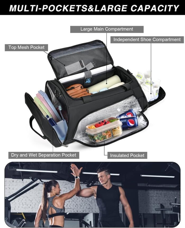 LOKASS Gym Bag for Men/Women-Duffle Sports Bag with Shoe Compartment, Carry On Weekender/Overnight Bag, Waterproof Gym Backpack Travel Bag for Camping (Black，Large) - Image 4