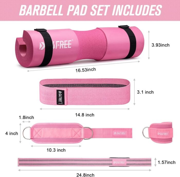 G4Free 9Pcs Barbell Pad Set for Squat, Hip Thrusts, Lunges, Leg day, Standard Olympic Bars with 2 Gym Ankle Safety Straps, 3 Hip Resistance Bands, 2 Lifting Strap, Barbell Pad, and Carry Bag - Image 3