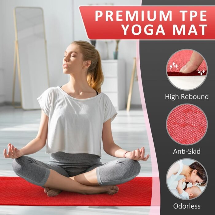 All Purpose 1/4-Inch High Density Anti-Tear Exercise Yoga Mat with Carrying Strap and Yoga Blocks, Red - Image 5