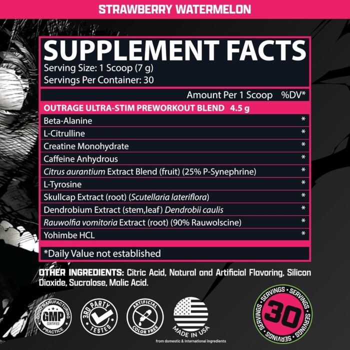 Outrage Ultra HIGH STIM Pre-Workout Powder for Men | 400mg Caffeine, L-Citrulline, Beta-Alanine, Creatine | Extreme Energy, Focus, Strength & Endurance (30 Servings, Strawberry Watermelon) - Image 4