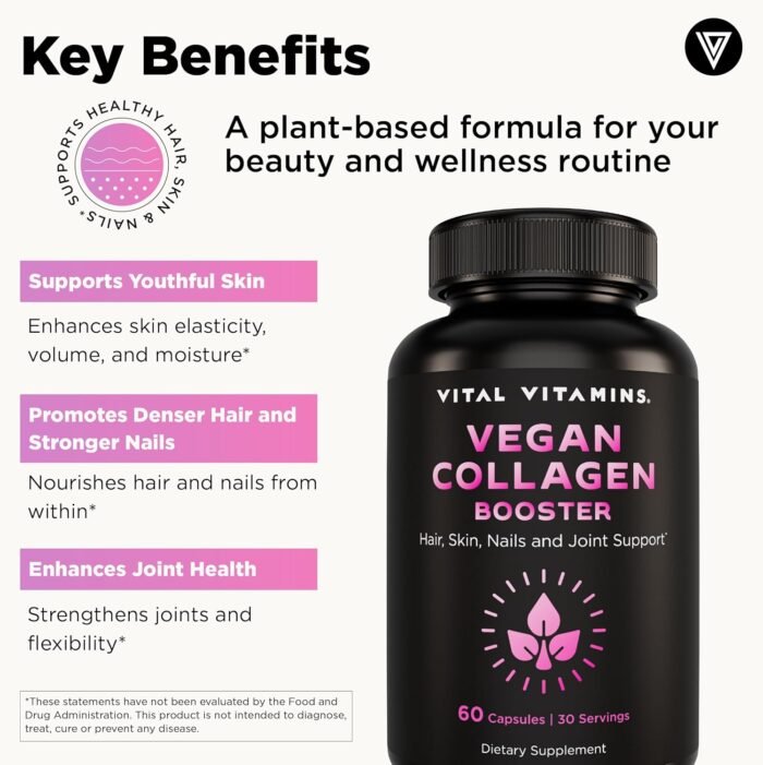 Vital Vitamins Vegan Collagen Booster - Plant-Based Collagen Supplements - Supports Hair, Skin, Nails & Joints - with Hyaluronic Acid - 60 Capsules - Image 4