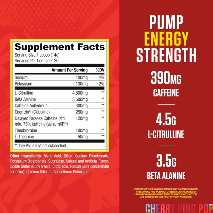 RYSE Loaded Pre Workout Powder - Ring Pop Cherry - Daily Pre-Workout for Men & Women with 325mg Caffeine, Beta Alanine, and Citrulline for Pump, Focus, and Energy - 30 Servings - Image 3