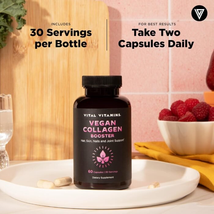 Vital Vitamins Vegan Collagen Booster - Plant-Based Collagen Supplements - Supports Hair, Skin, Nails & Joints - with Hyaluronic Acid - 60 Capsules - Image 8