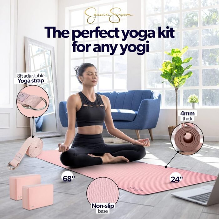 Jessica Simpson 4-Piece Yoga Kit - Pink Yoga Starter Set With Mat, Blocks, Strap - Image 7