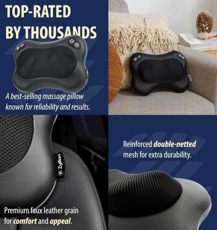 Zyllion Shiatsu Back and Neck Massager with Heat (FSA HSA Eligible) Cordless Rechargeable 3D Kneading 2-Speed Electric Deep Tissue Massage Pillow for Muscle Pain Relief on Shoulder, Leg, Foot ZMA-34RB - Image 10