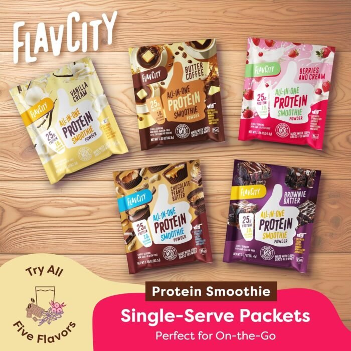 FlavCity Grass Fed Whey Protein Powder - Variety Pack - 25g Protein & 10g Collagen - 5 Single Serve Packets - Made with Organic Reishi & Cordyceps - Gluten Free & No Added Sugars - Image 4