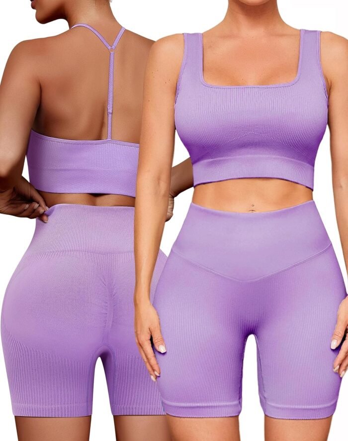 Workout Outfits Sets for Women 4 piece Seamless Backless Tank Sport Bra High Waist Short Yoga Gym Matching Active Set - Image 2