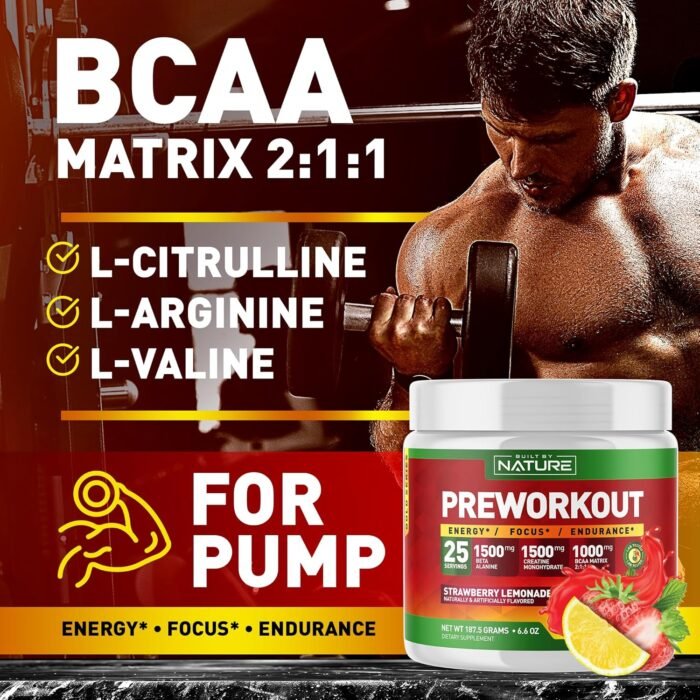 Built by Nature Pre Workout Powder with Beta Alanine, Creatine Monohydrate, BCAA, L Citrulline, L Arginine and Caffeine - Strawberry Lemonade Flavor - 25 Servings - Image 4