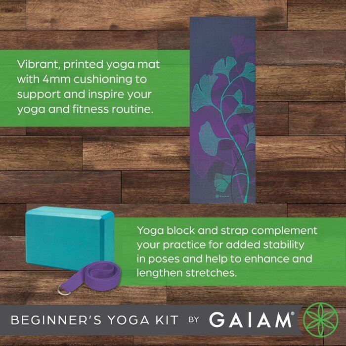 Gaiam Beginner's Yoga Starter Kit Set (Yoga Mat, Yoga Block, Yoga Strap) - Light 4mm Thick Printed Non-Slip Exercise Mat for Everyday Yoga - Includes 6ft Yoga Strap & Yoga Brick - Image 4