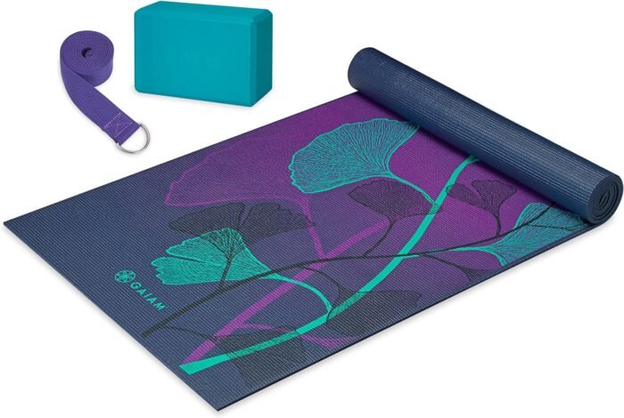 Gaiam Beginner's Yoga Starter Kit Set (Yoga Mat, Yoga Block, Yoga Strap) - Light 4mm Thick Printed Non-Slip Exercise Mat for Everyday Yoga - Includes 6ft Yoga Strap & Yoga Brick - Image 2