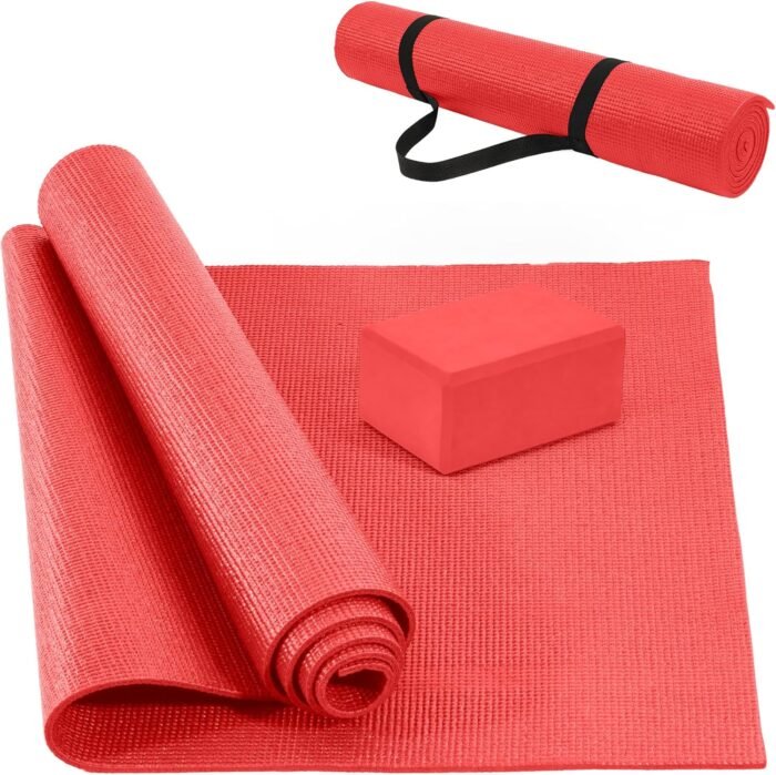All Purpose 1/4-Inch High Density Anti-Tear Exercise Yoga Mat with Carrying Strap and Yoga Blocks, Red - Image 2