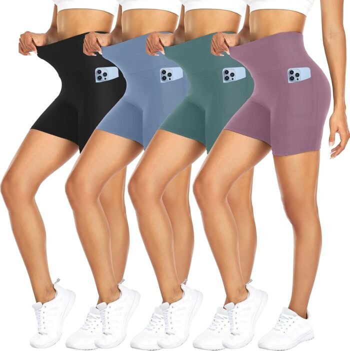 FULLSOFT 4 Pack Biker Shorts for Women with Pockets – 5" High Waisted Tummy Control Workout Yoga Running Gym Tennis Shorts - Image 2