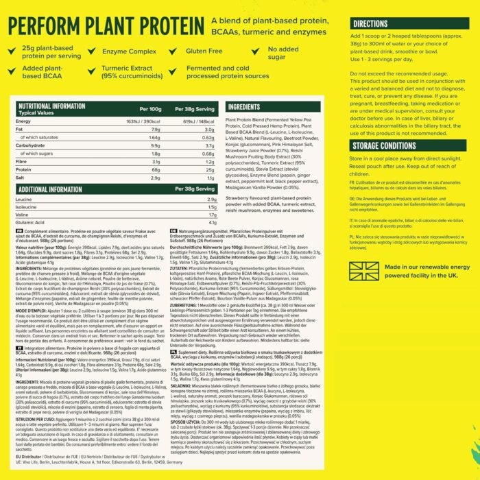 Vivo life Perform Plant Protein Powder - Vegan Strawberry & Vanilla, 26 Servings - 988g (34.85oz) - Pea & Hemp Protein Blend with BCAA - Image 6