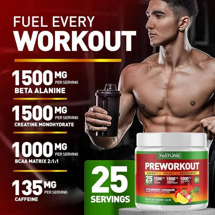 Built by Nature Pre Workout Powder with Beta Alanine, Creatine Monohydrate, BCAA, L Citrulline, L Arginine and Caffeine - Strawberry Lemonade Flavor - 25 Servings - Image 7