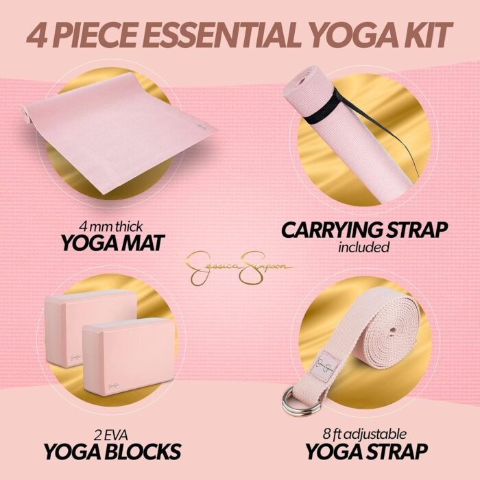 Jessica Simpson 4-Piece Yoga Kit - Pink Yoga Starter Set With Mat, Blocks, Strap - Image 6