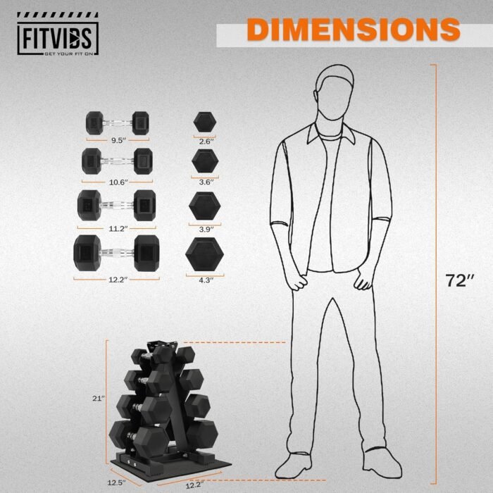 Rubber Coated Hex Dumbbell Weight Set and Storage Rack, 100LB Set or 150LB Set, 5-20 lbs Pairs or 5-25 lbs Pairs - Image 6